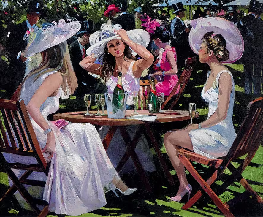 A Sherree Valentine Daines limited edition of three ladies sat drinking champagne, the title is Champagne At Ascot