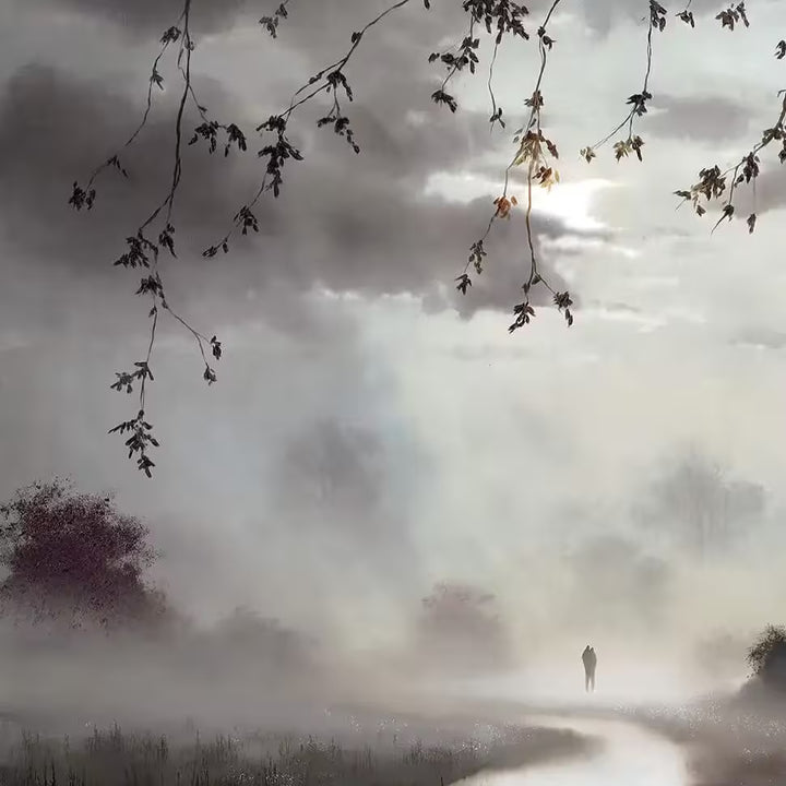A John Waterhouse limited edition of a misty river with some people in the distance, the title is Chasing The Light