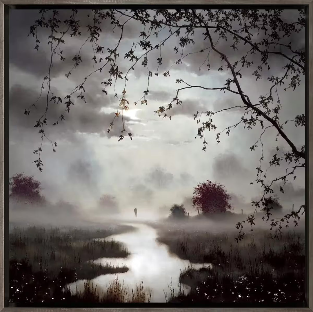 A John Waterhouse limited edition of a misty river with some people in the distance, the title is Chasing The Light