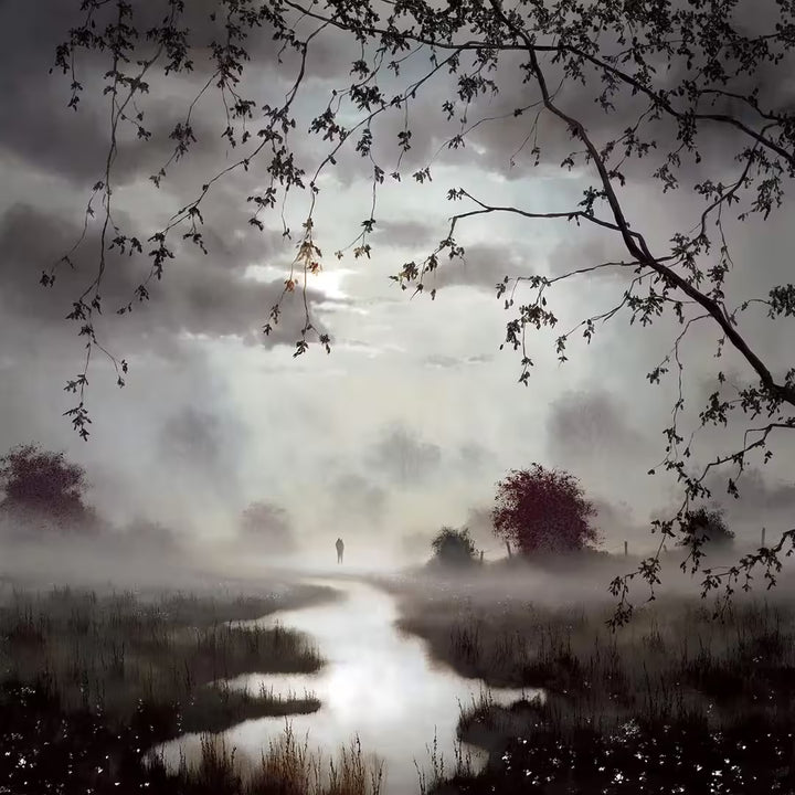 A John Waterhouse limited edition of a misty river with some people in the distance, the title is Chasing The Light
