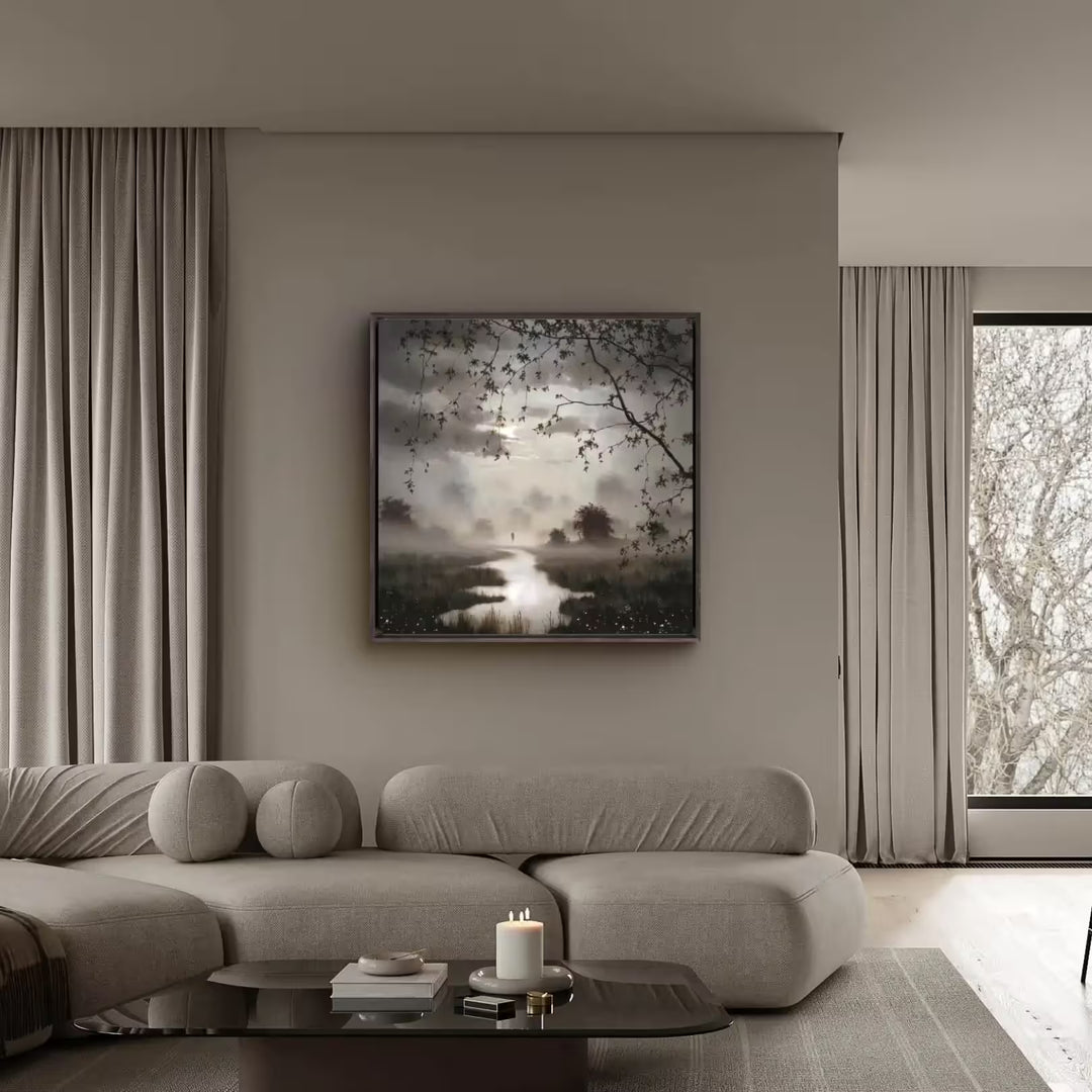 A John Waterhouse limited edition of a misty river with some people in the distance, the title is Chasing The Light