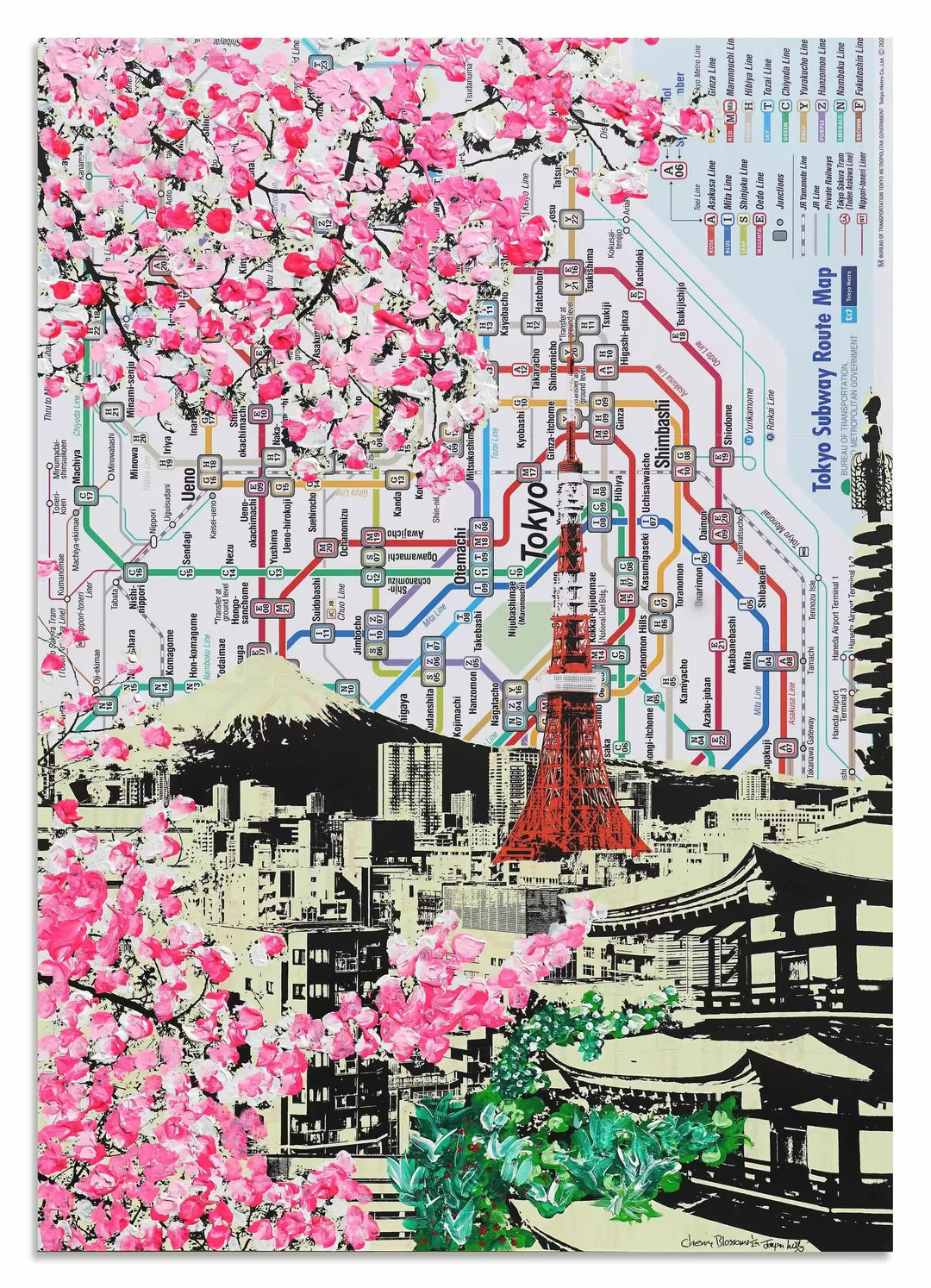 A Jayson Lilley limited edition piece of a subway map of japan with cherry blossoms and monuments screen printed over the top, the title is Cherry Blossoms 