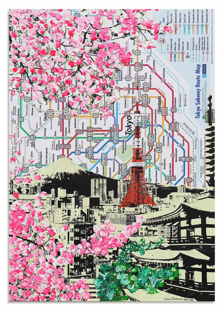 A Jayson Lilley limited edition piece of a subway map of japan with cherry blossoms and monuments screen printed over the top, the title is Cherry Blossoms 