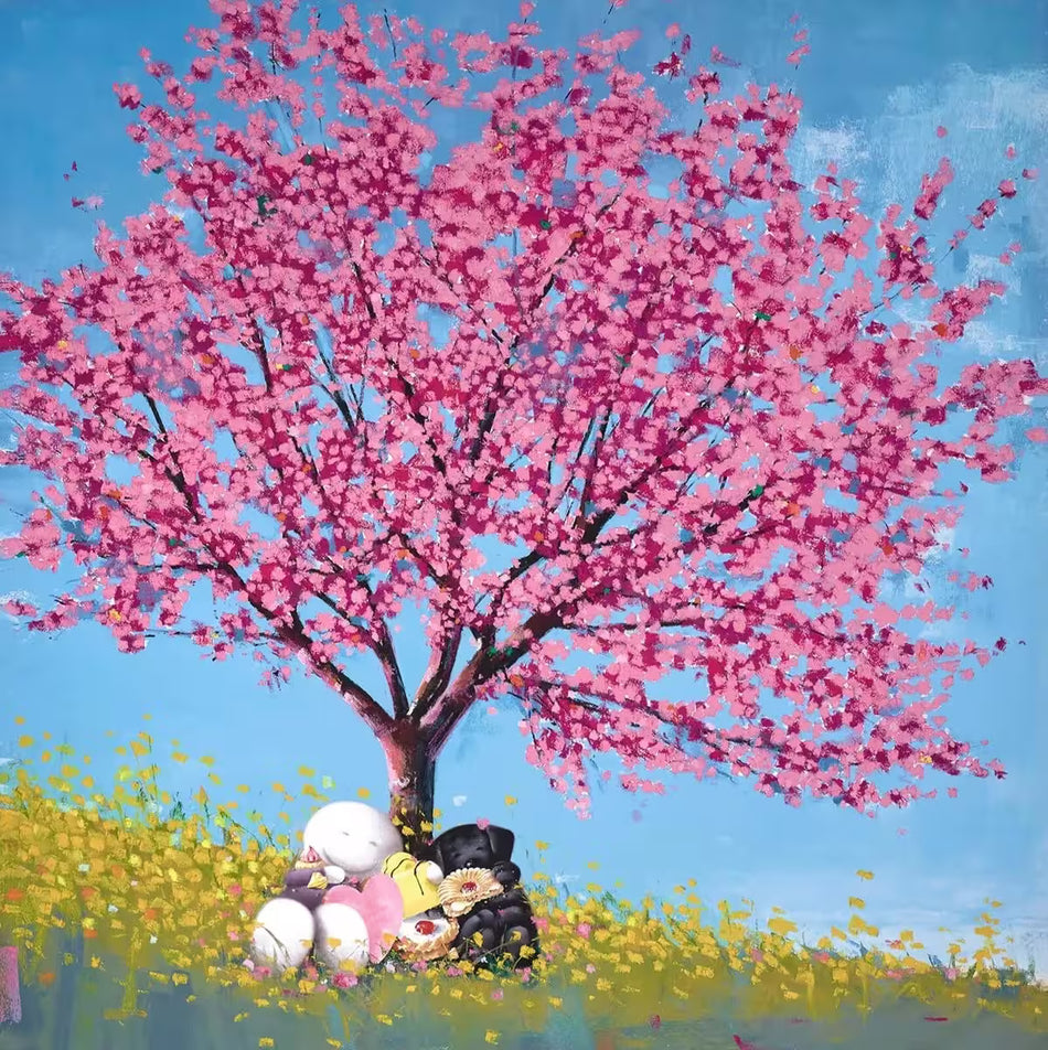 A Doug Hyde limited edition print of a large cherry blossom tree with a person and a black dog sat underneath holding a selection of confectionary, title is Cherry on Top