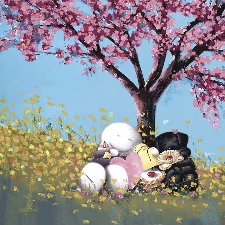 A close up of picture of a Doug Hyde limited edition print of a large cherry blossom tree with a person and a black dog sat underneath holding a selection of confectionary, title is Cherry on Top