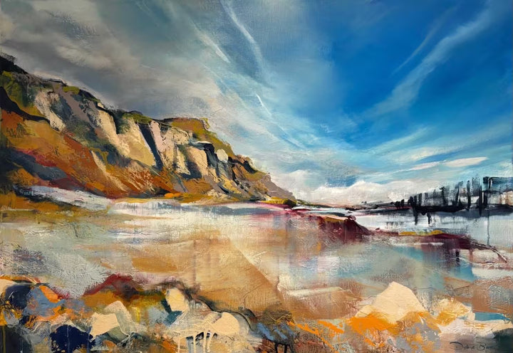 A Debbie Boon original of some cliffs and the sea next to them, the title is Cliffs, Sky &amp; Sea