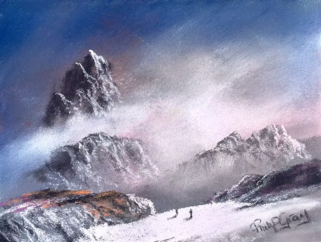 A Philip Gray original of a mountain range and two people climbing it, the title is Climbing High IV