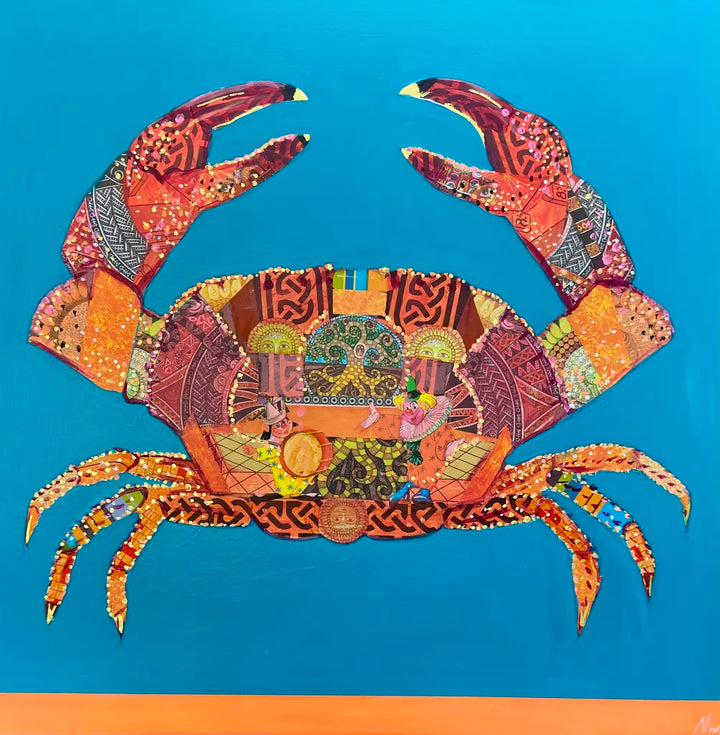 A Nicola Hart original of a mixed media crab on a blue background, the title is Clowning Around