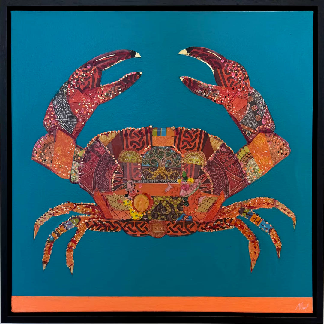A Nicola Hart original of a mixed media crab on a blue background, the title is Clowning Around