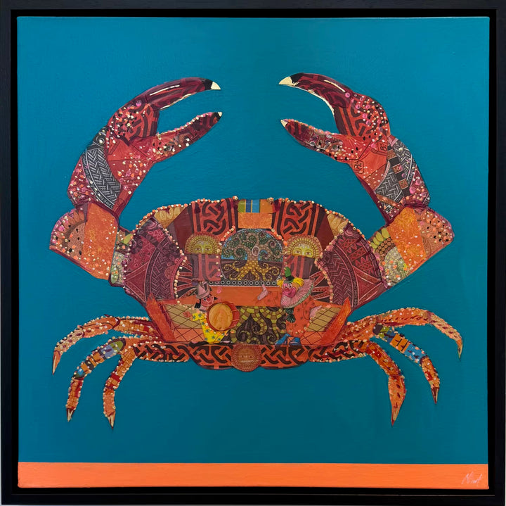 A Nicola Hart original of a mixed media crab on a blue background, the title is Clowning Around