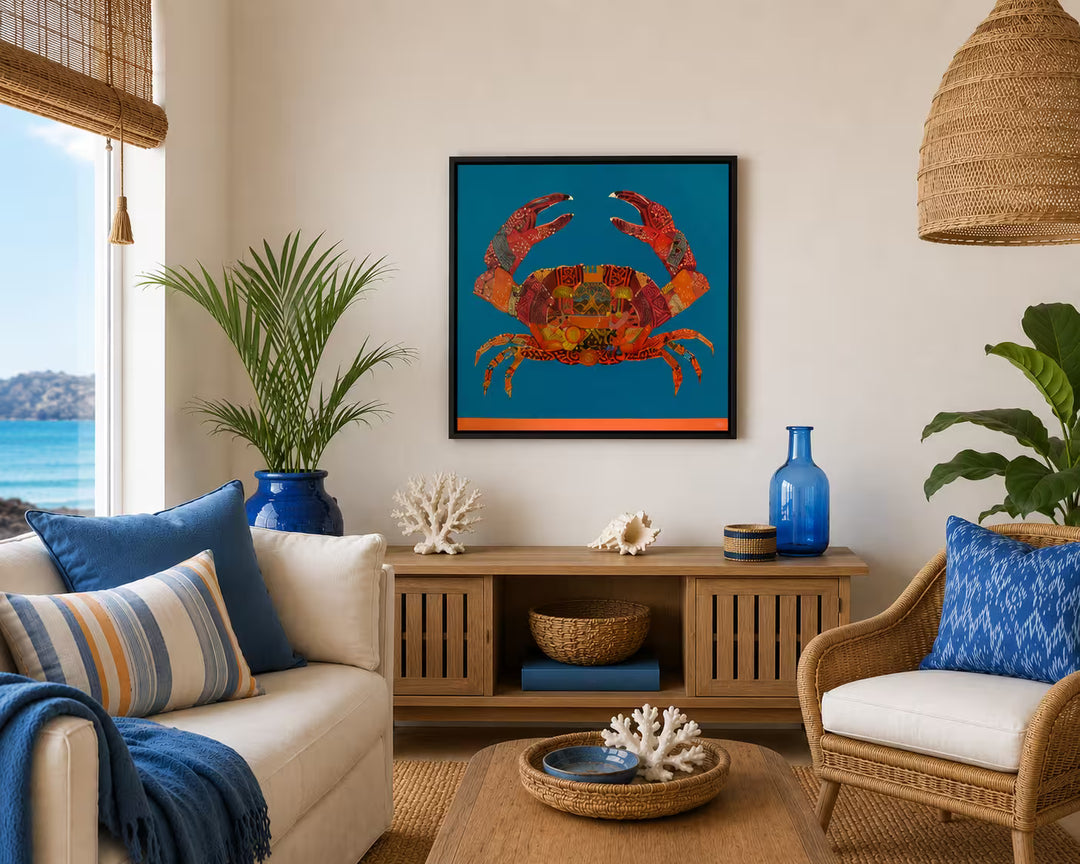 A Nicola Hart original of a mixed media crab on a blue background, the title is Clowning Around