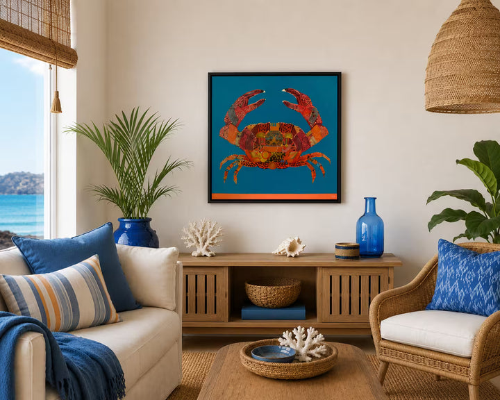 A Nicola Hart original of a mixed media crab on a blue background, the title is Clowning Around