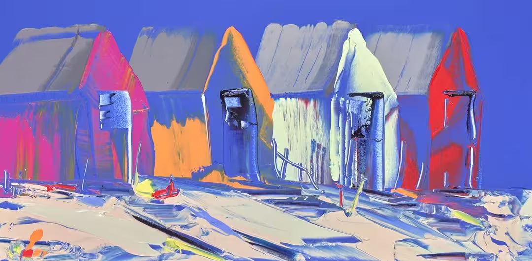 A Ducan MacGregor original painting of abstract beach huts, the title is Coastal Retreat
