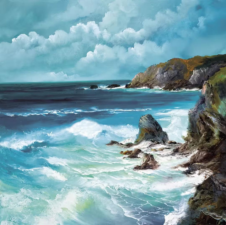 A Philip Gray limited edition of waves crashing against jagged rocks against a light blue cloudy sky, the title is Coastal Charm