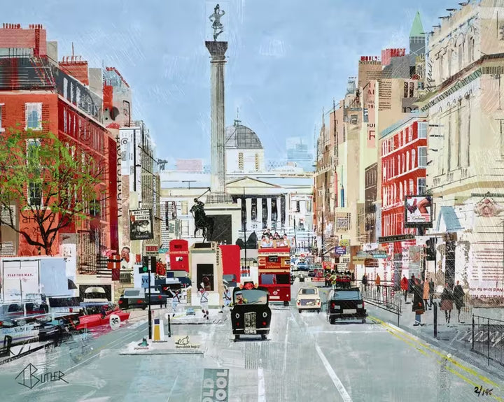 A Tom Butler limited edition print collage of Trafalgar Square as seen from down a street with cabs and buses driving down, the title is Cock-Knee Charm