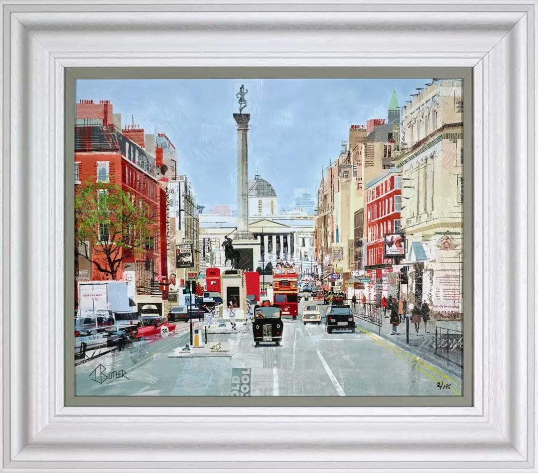  A Tom Butler framed limited edition print collage of Trafalgar Square as seen from down a street with cabs and buses driving down, the title is Cock-Knee Charm