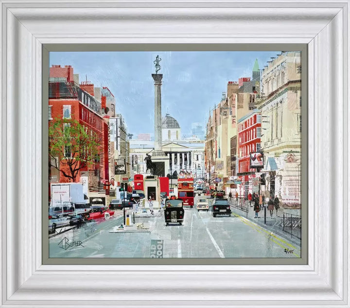  A Tom Butler framed limited edition print collage of Trafalgar Square as seen from down a street with cabs and buses driving down, the title is Cock-Knee Charm