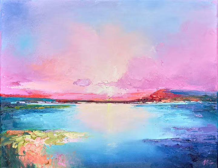 An Original by Anna Gammans of a pink sunset, the title is Colourful Horizon III