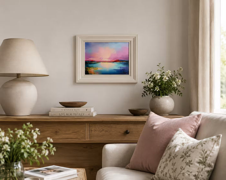 An Original by Anna Gammans of a pink sunset, the title is Colourful Horizon III