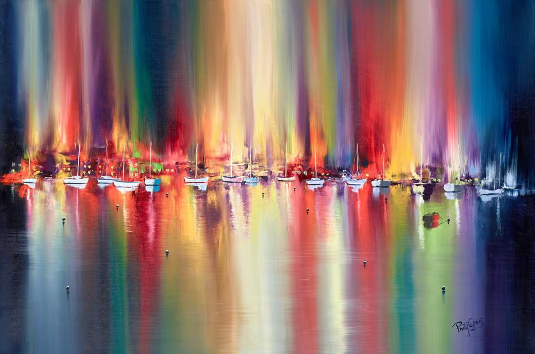 A Philip Gray original of a dock full of boats and bright colourful lights, the title is Colourful Lights III