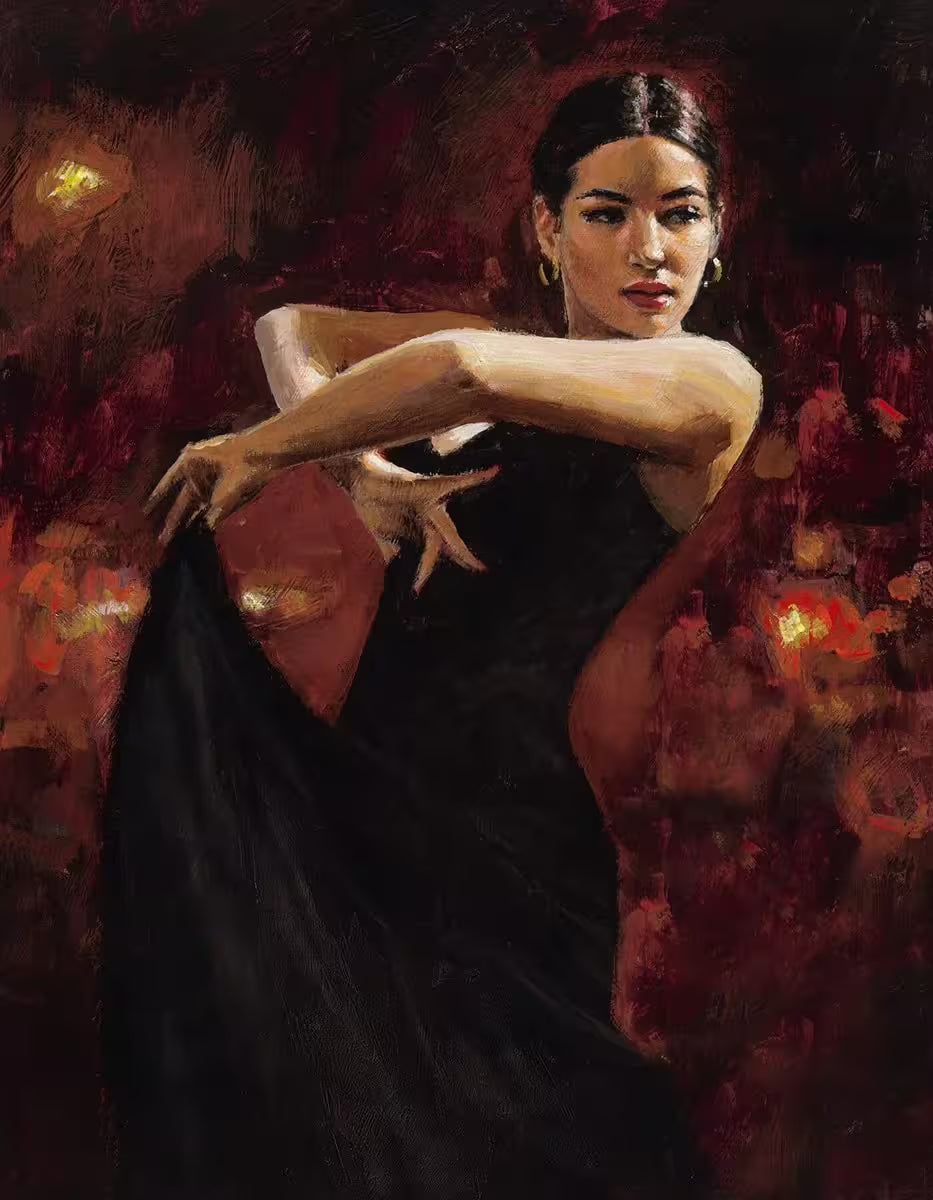 A Fabian Perez limited edition of a flamenco dancer with a red background, the title is Colours of Flamenco Red