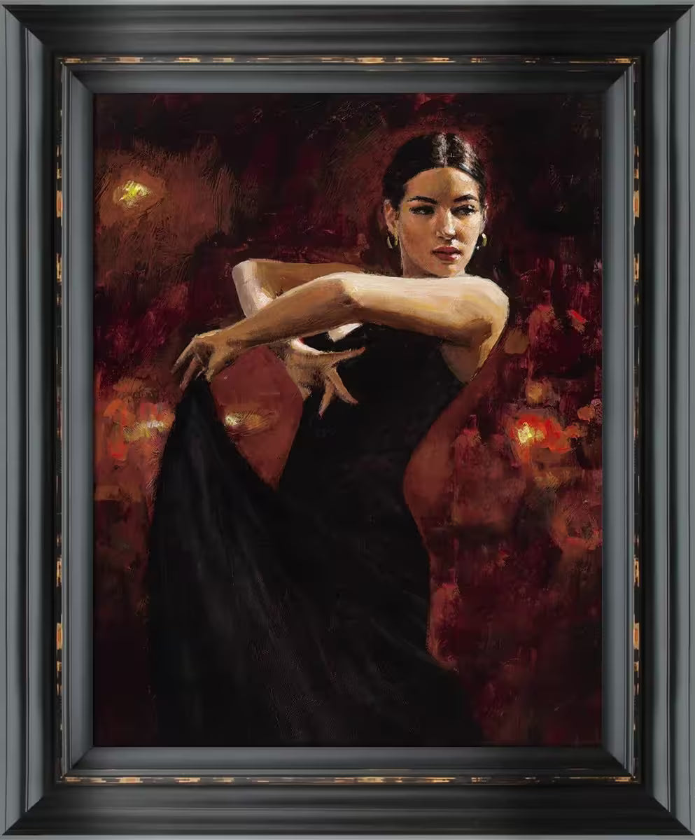 A Fabian Perez framed limited edition of a flamenco dancer with a red background, the title is Colours of Flamenco Red