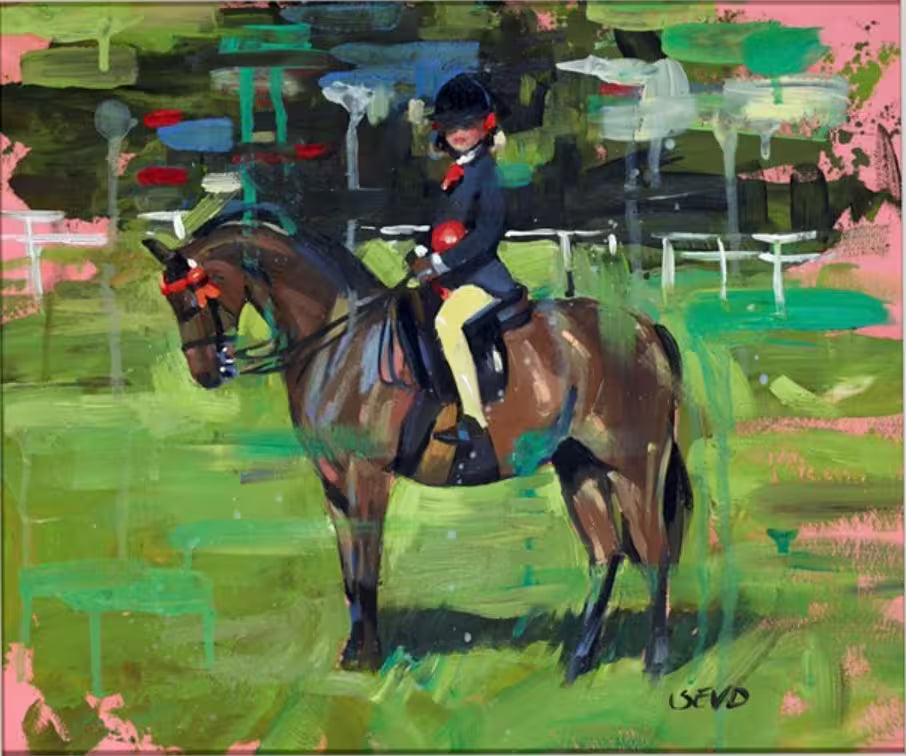 A Sherree Valentine Daines original of a jockey sat on a horse, the title is Competition Time
