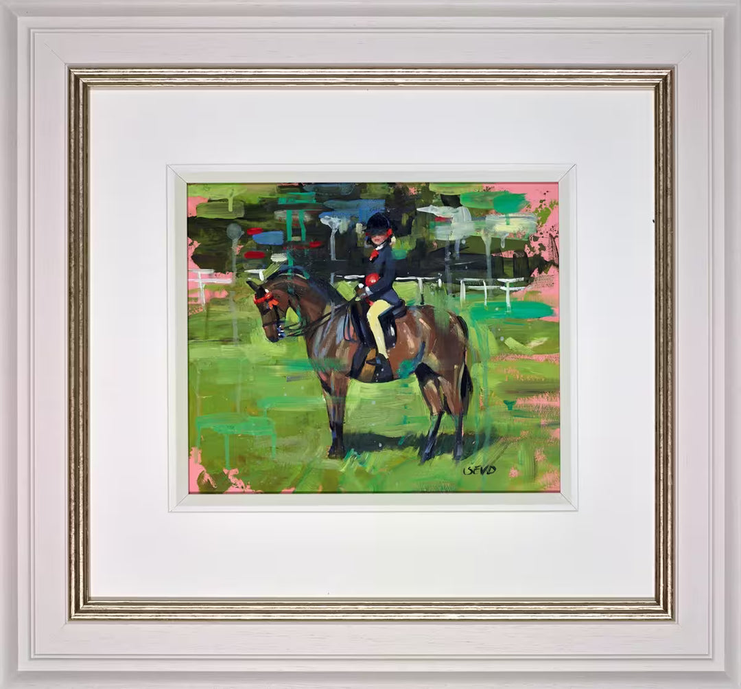 A Sherree Valentine Daines framed original of a jockey sat on a horse, the title is Competition Time