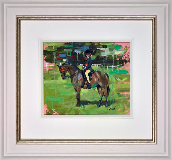 A Sherree Valentine Daines framed original of a jockey sat on a horse, the title is Competition Time