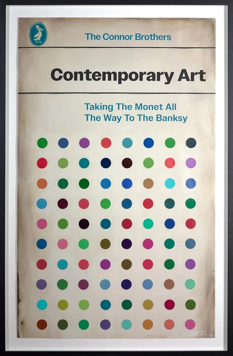 A limited edition framed piece by The Connor Brothers of a pelican book cover with a witty line, the title is Contemporary Art