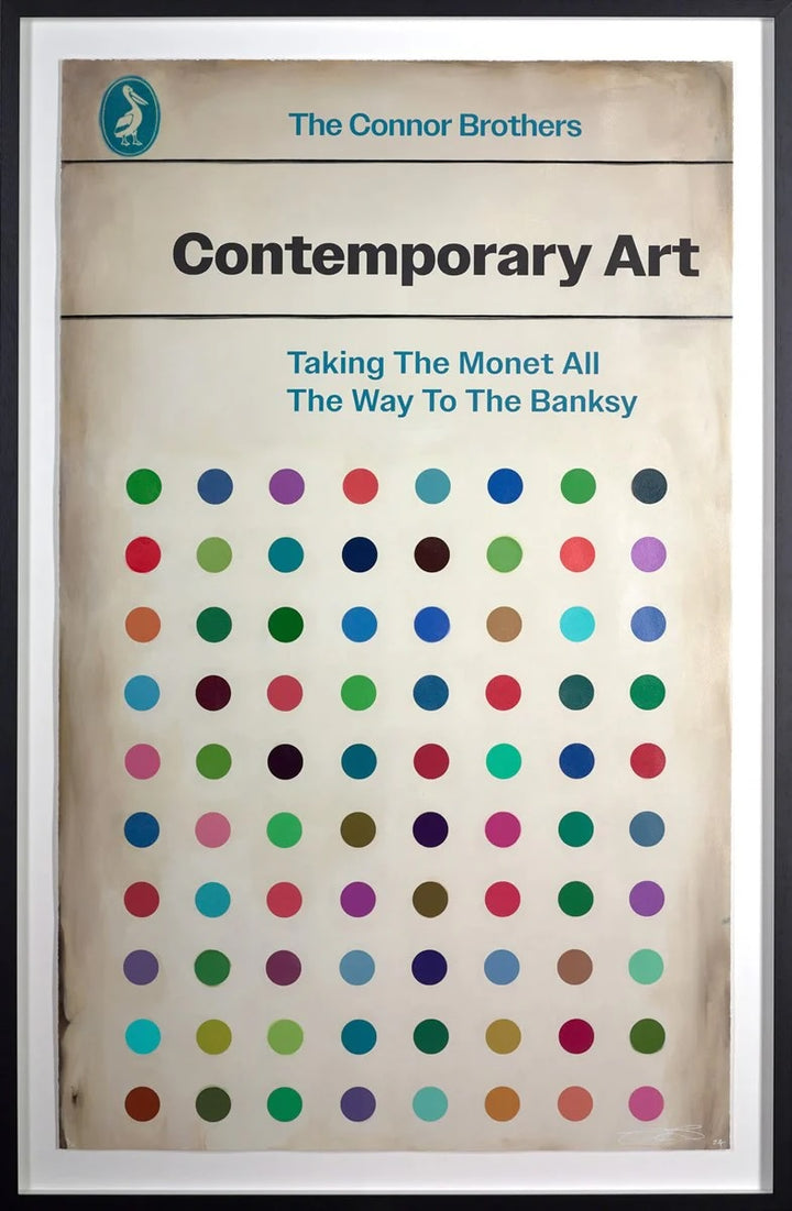 A limited edition framed piece by The Connor Brothers of a pelican book cover with a witty line, the title is Contemporary Art