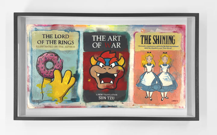 A Lhouette framed original mixed media piece, the title is Cover Stories- Paper Triptych
