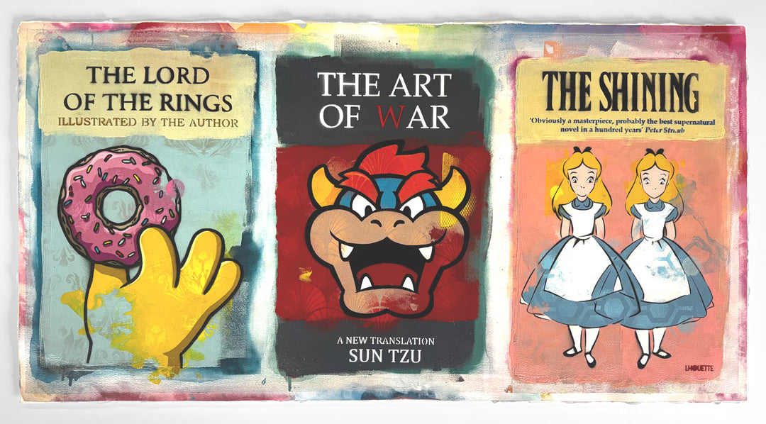 A Lhouette original mixed media piece, the title is Cover Stories- Paper Triptych