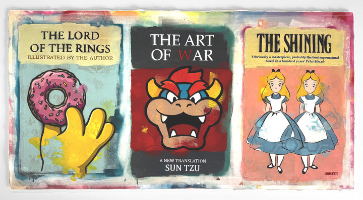 A Lhouette original mixed media piece, the title is Cover Stories- Paper Triptych
