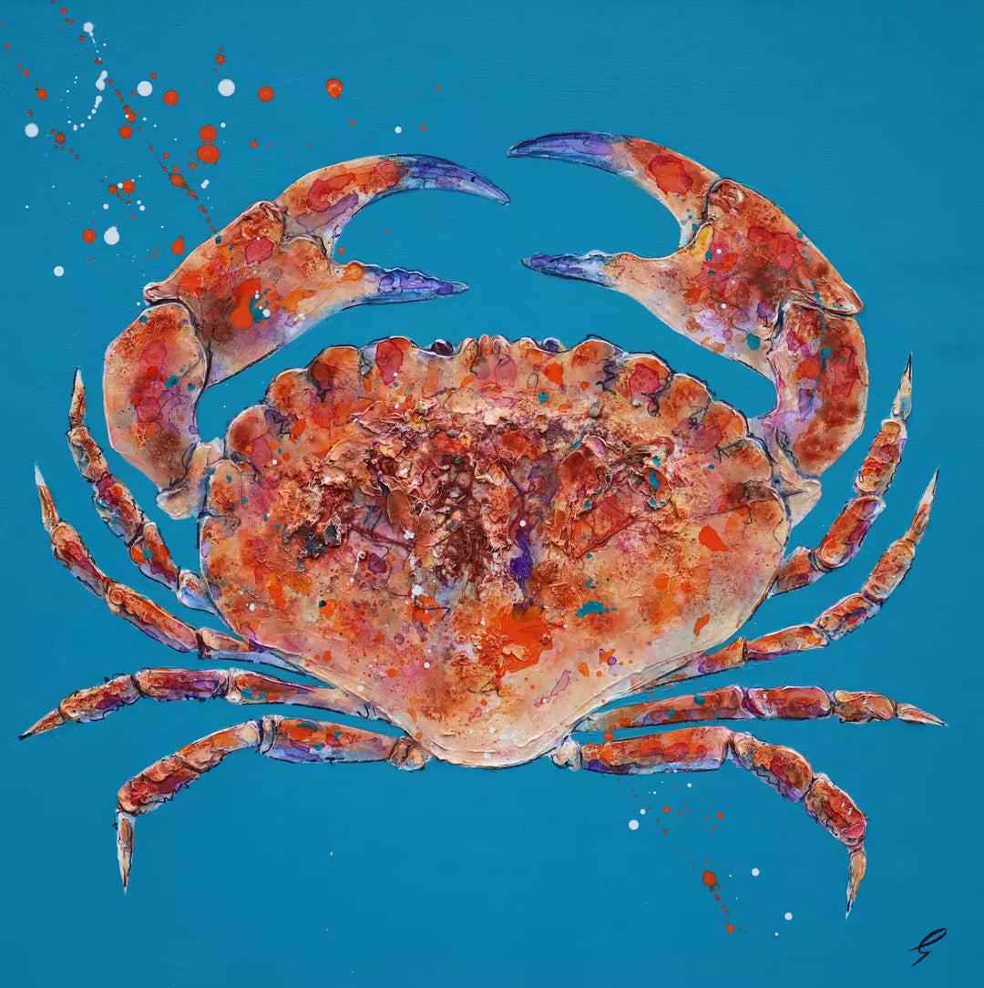 A Giles Ward original mixed media oil painting of a crab against a blue background, the title is Crab IX