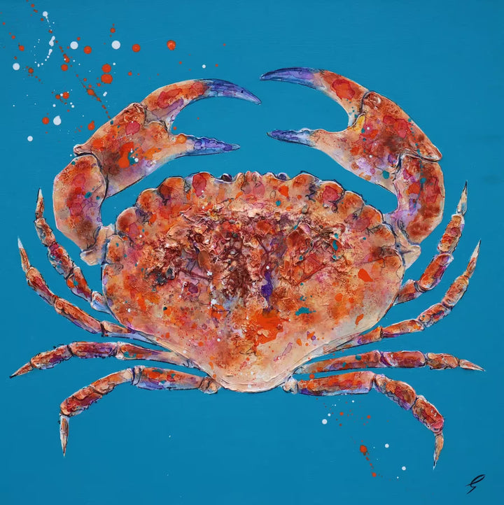 A Giles Ward original mixed media oil painting of a crab against a blue background, the title is Crab IX