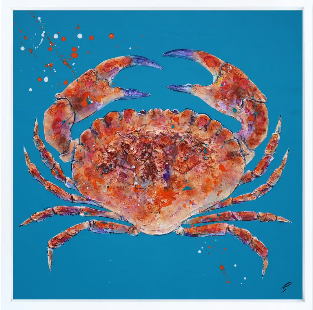 A Giles Ward original mixed media oil painting of a crab against a blue background, the title is Crab IX