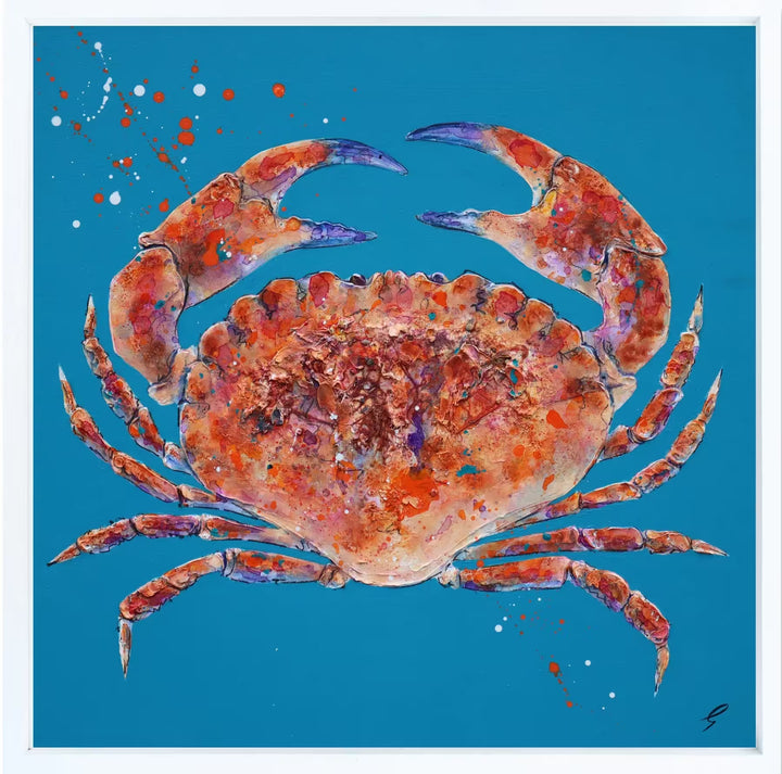 A Giles Ward original mixed media oil painting of a crab against a blue background, the title is Crab IX