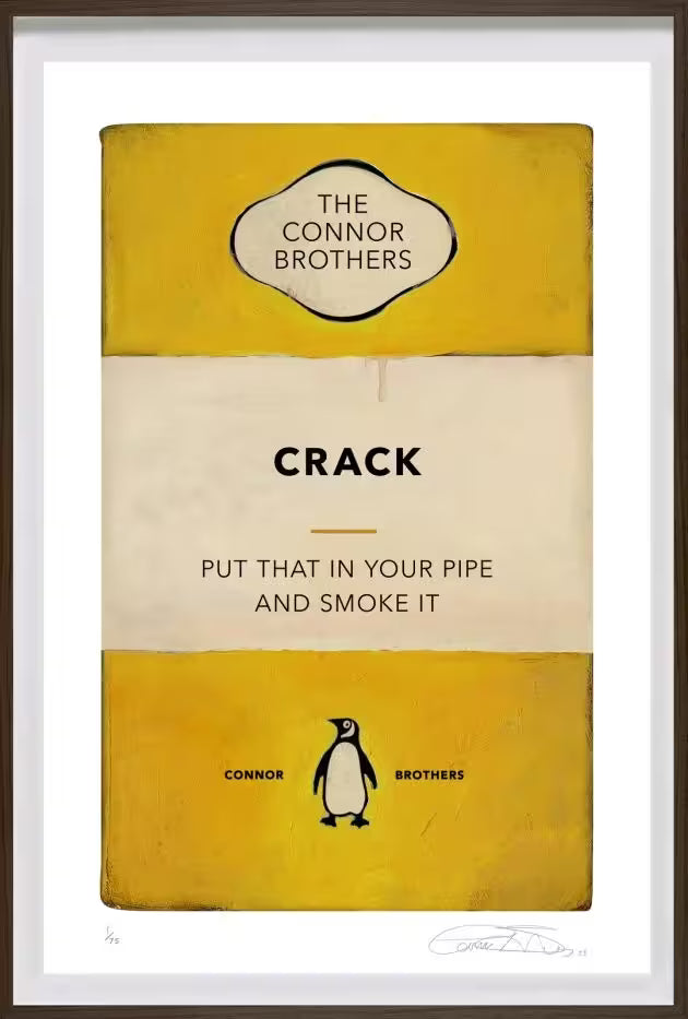 A limited edition framed print by The Connor Brothers of a penguin book cover with a witty line across the front, the title is Crack