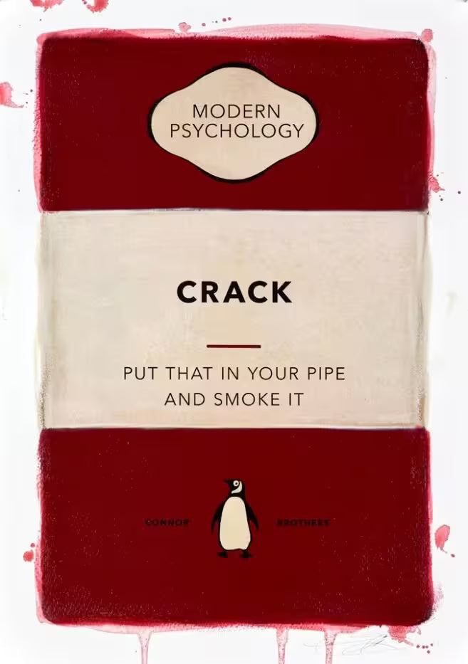 A limited edition print by The Connor Brothers of a penguin book cover with a witty line across the front, the title is Crack