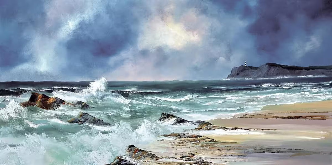 A Philip Gray limited edition of a shoreline with big waves crashing through some rocks against a deep stormy sky, the title is Crashing Waves
