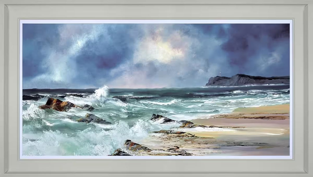 A Philip Gray framed limited edition of a shoreline with big waves crashing through some rocks against a deep stormy sky, the title is Crashing Waves