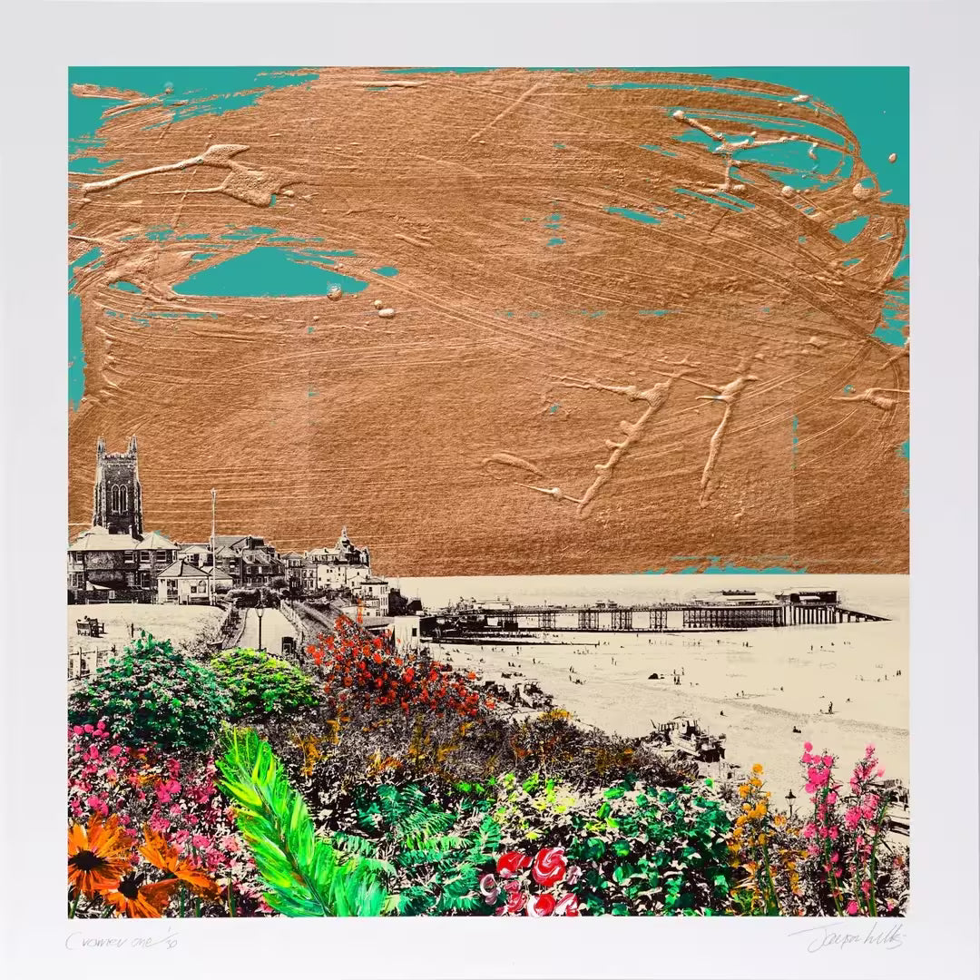 A Jayson Lilley limited edition screen print of Cromer Pier on a teal background with Copper background, the title is Cromer One