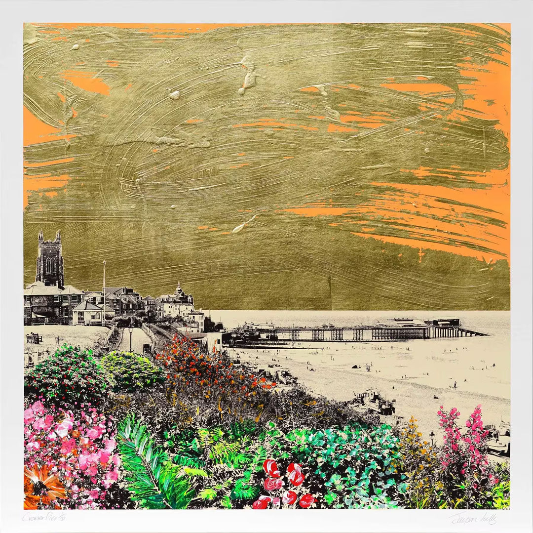 A Jayson Lilley limited edition screen print of Cromer Pier against an orange and gold background, the title is Cromer Pier