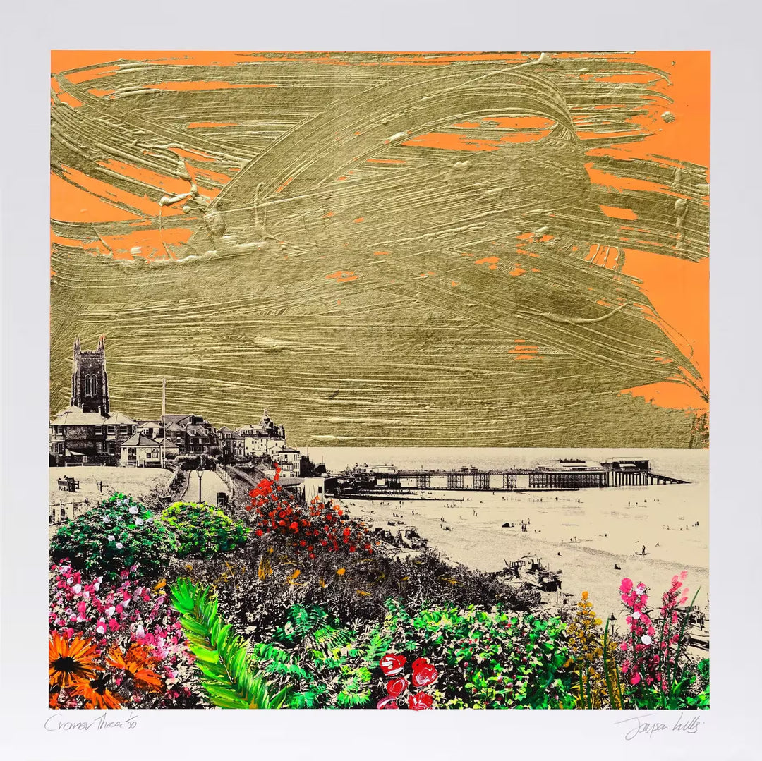 A Jayson Lilley limited edition screen print of Cromer Pier against an orange and gold background, the title is Cromer Three