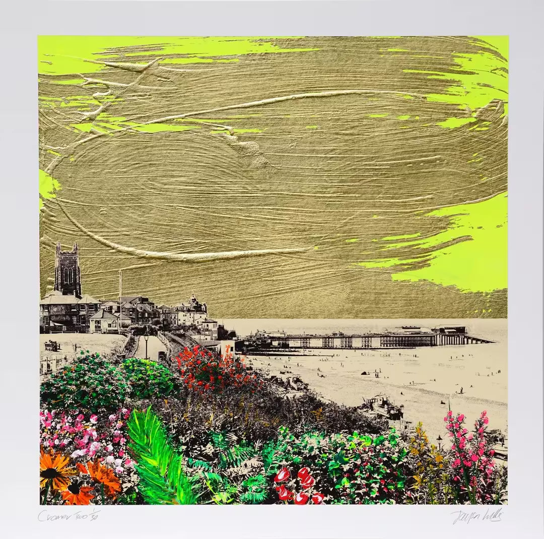 A Jayson Lilley limited edition screen print of Cromer Pier over a neon Yellow background with Gold paint, the title is Cromer Two