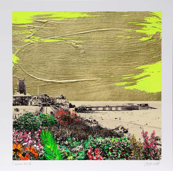 A Jayson Lilley limited edition screen print of Cromer Pier over a neon Yellow background with Gold paint, the title is Cromer Two