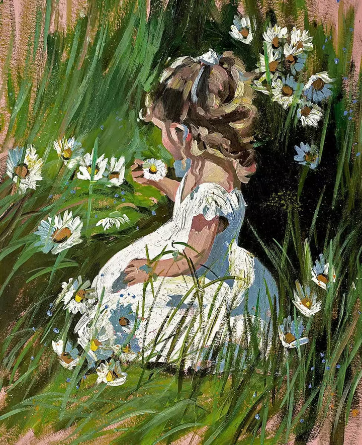 A Sherree Valentine Daines limited edition of a girl in a white dress kneeling and picking daisies, the title is Daisy Delight