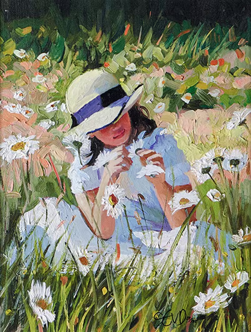A Sherree Valentine Daines limited edition of a girl in a summer dress and hat playing with daisies, the title is Daisy Whispers
