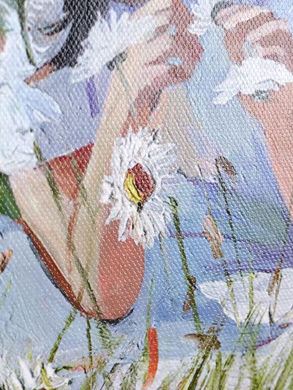 A Sherree Valentine Daines limited edition of a girl in a summer dress and hat playing with daisies, the title is Daisy Whispers